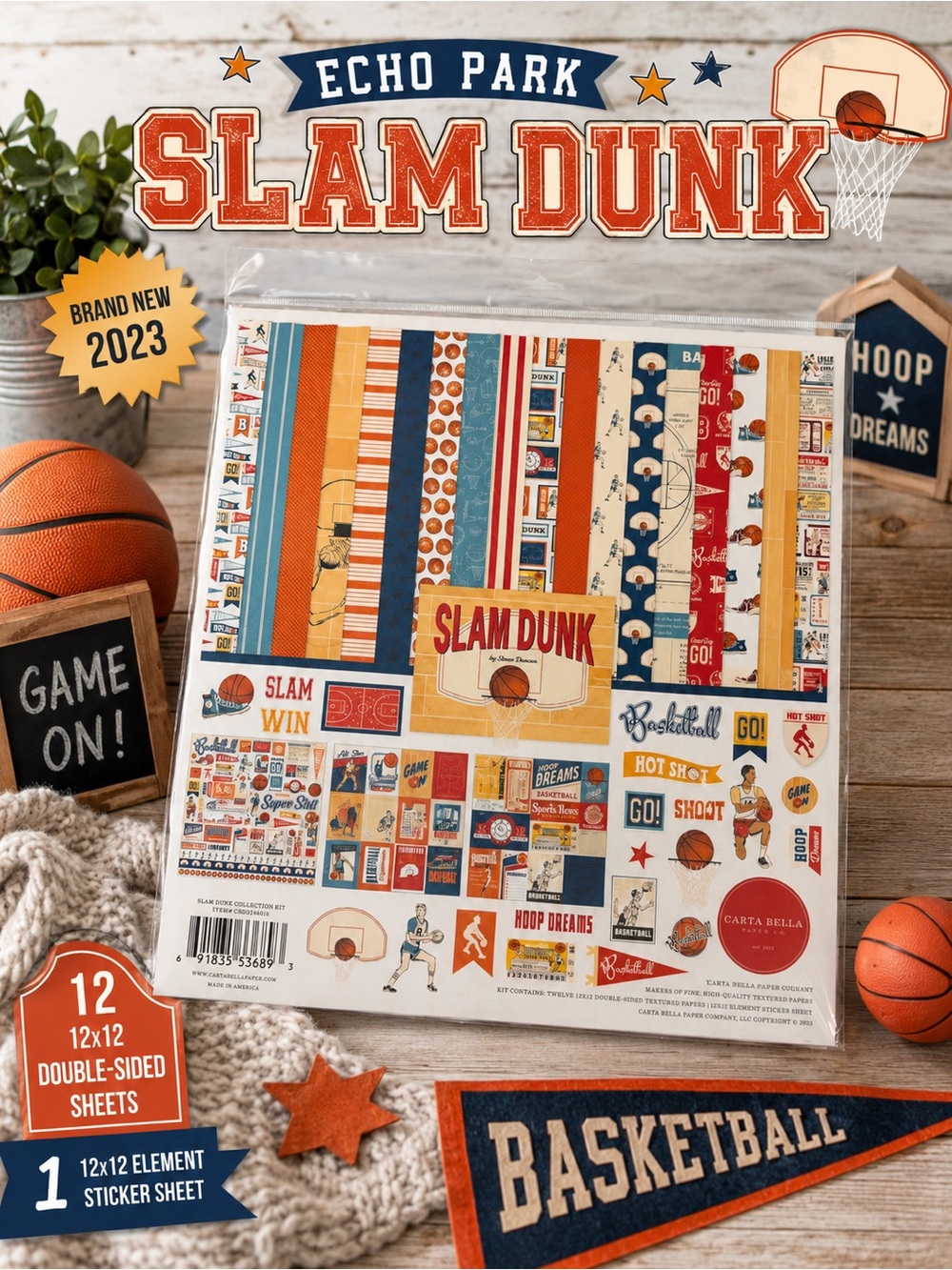 Slam Dunk Basketball Scrapbook Paper Pack - Orange Blue